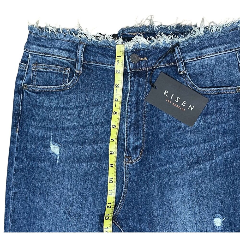 Risen Women Jeans RAW EDGE WAIST W FRAYED HEM FLARE Blue Distressed 32/15 NWT - Picture 8 of 16